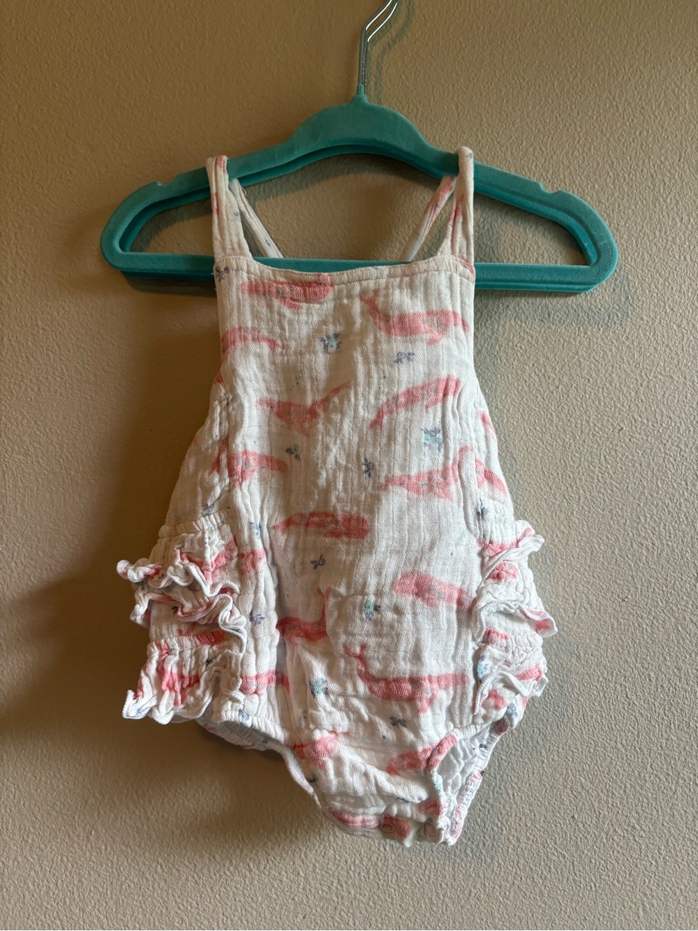 Angel Dear Baby Girl Ruffled Whale Print One-Piece Romper in White and Coral